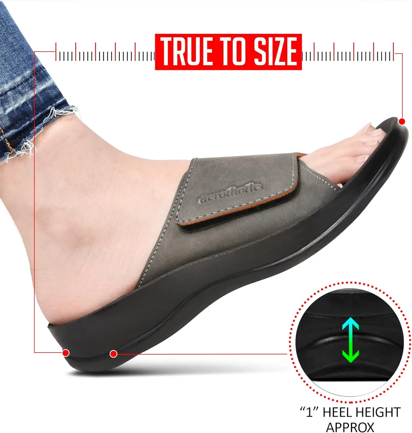 AEROTHOTIC Stylish Adjustable Strap with Hook and Loop Open Toe Comfort Slides for Women