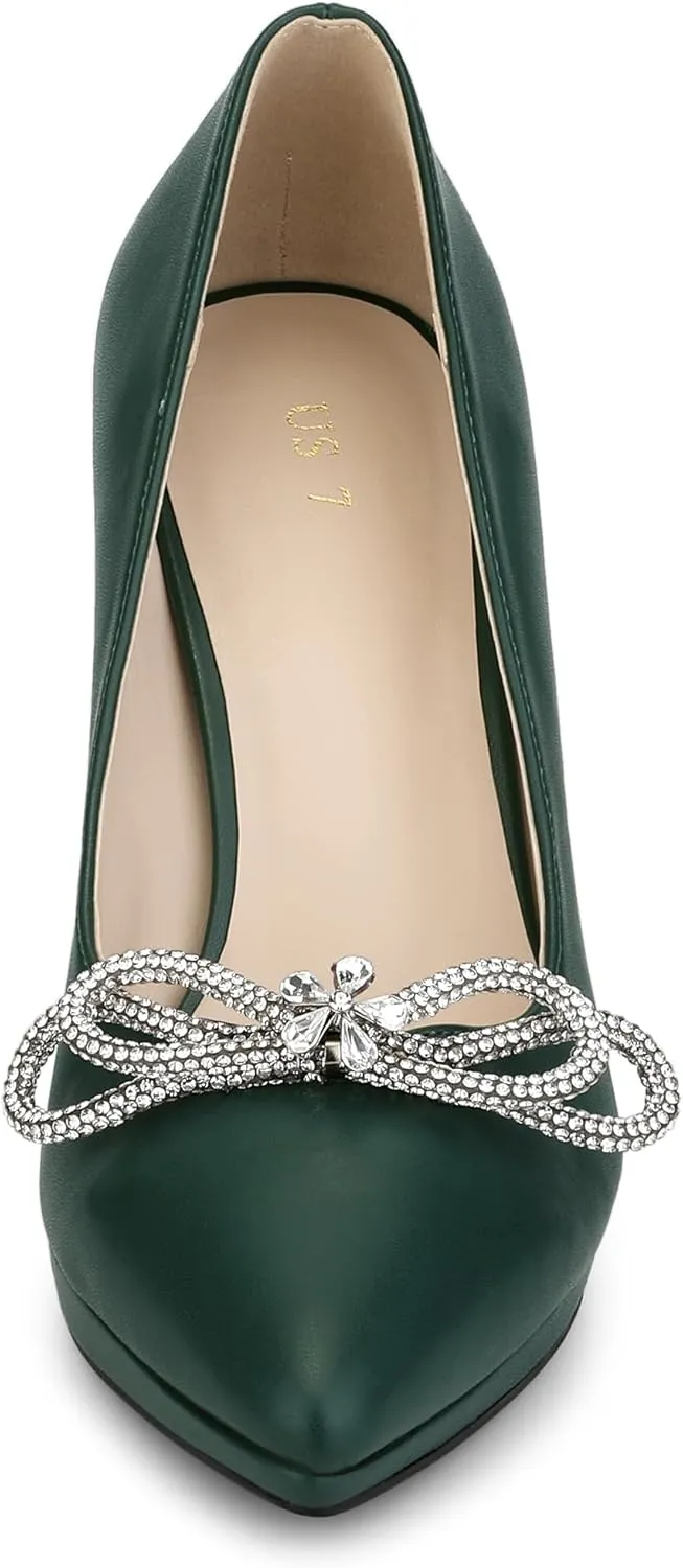 Allegra K Women's Pump Stiletto Heel Platform Rhinestone Bow Pointed Toe Pumps