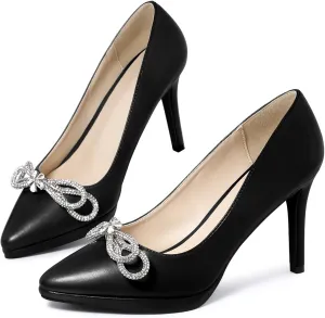 Allegra K Women's Pump Stiletto Heel Platform Rhinestone Bow Pointed Toe Pumps