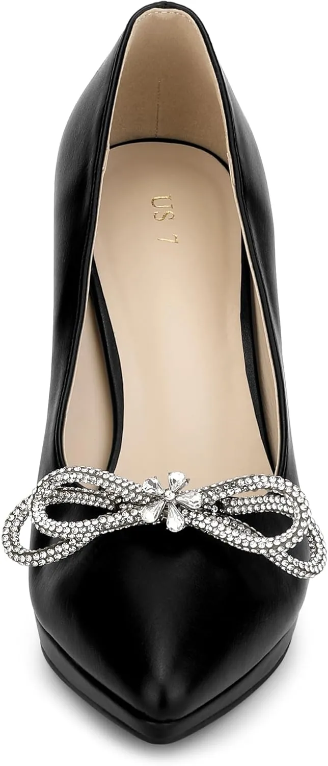 Allegra K Women's Pump Stiletto Heel Platform Rhinestone Bow Pointed Toe Pumps