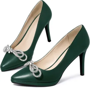 Allegra K Women's Pump Stiletto Heel Platform Rhinestone Bow Pointed Toe Pumps