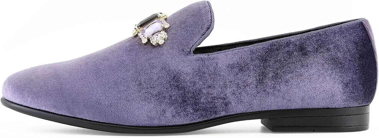 Amali Tiago- The Original Men's Faux Velvet Slip On Loafer with Jeweled Bit and Matching Piping - Mens Smoking Slip On Shoes - Formal Tuxedo Dress Shoe Loafers for Men