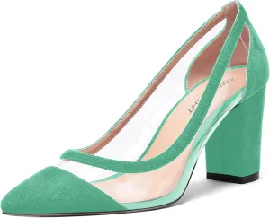 AMBELIGHT Womens Dress Slip On Suede Office Pointed Toe Block High Heel Pumps Shoes 3.3 Inch