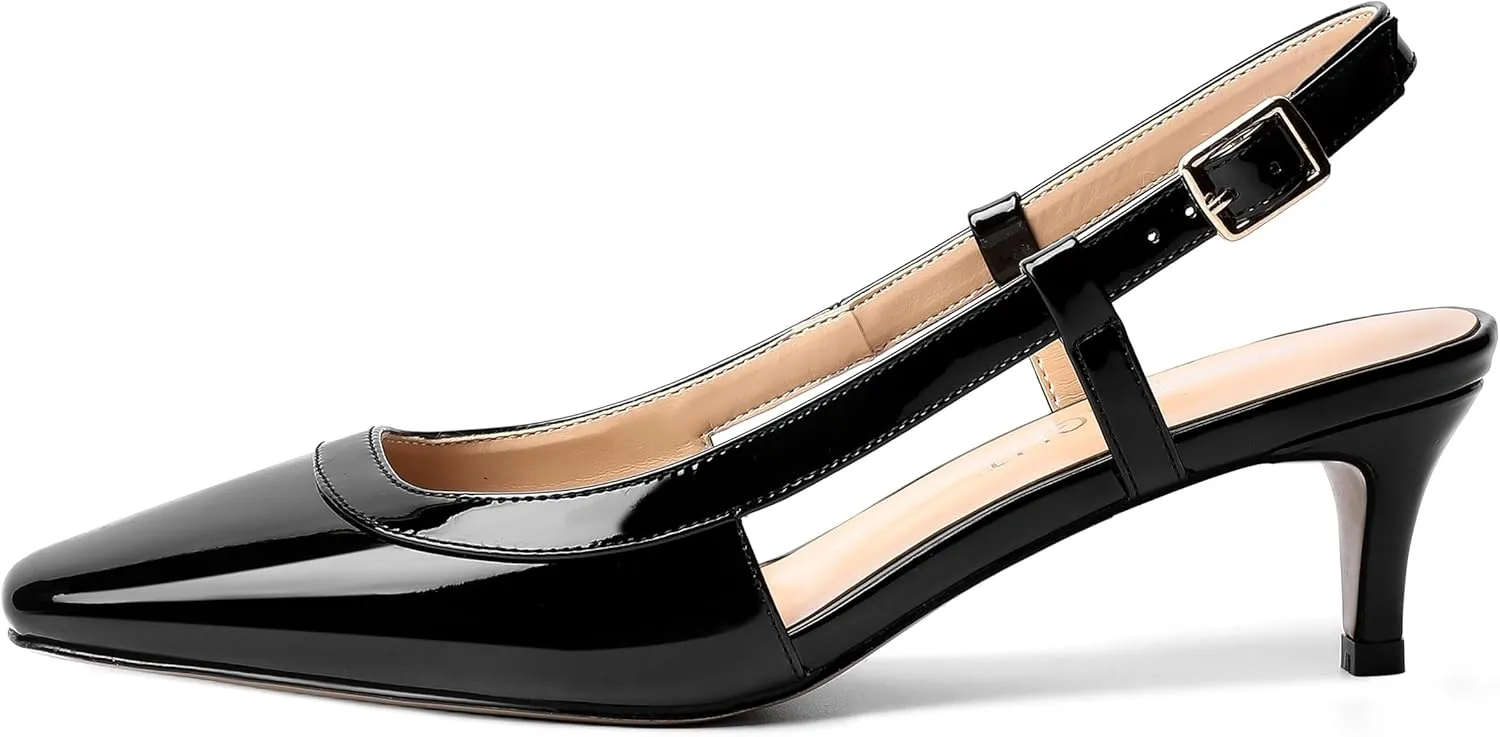 AMBELIGHT Womens Square Toe Evening Buckle Patent Sexy Slingback Kitten Low Heel Pumps Shoes 2 Inch
