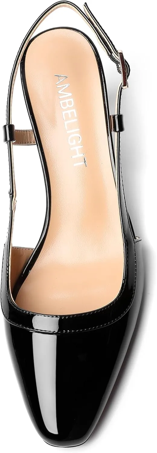 AMBELIGHT Womens Square Toe Evening Buckle Patent Sexy Slingback Kitten Low Heel Pumps Shoes 2 Inch