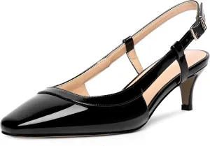 AMBELIGHT Womens Square Toe Evening Buckle Patent Sexy Slingback Kitten Low Heel Pumps Shoes 2 Inch