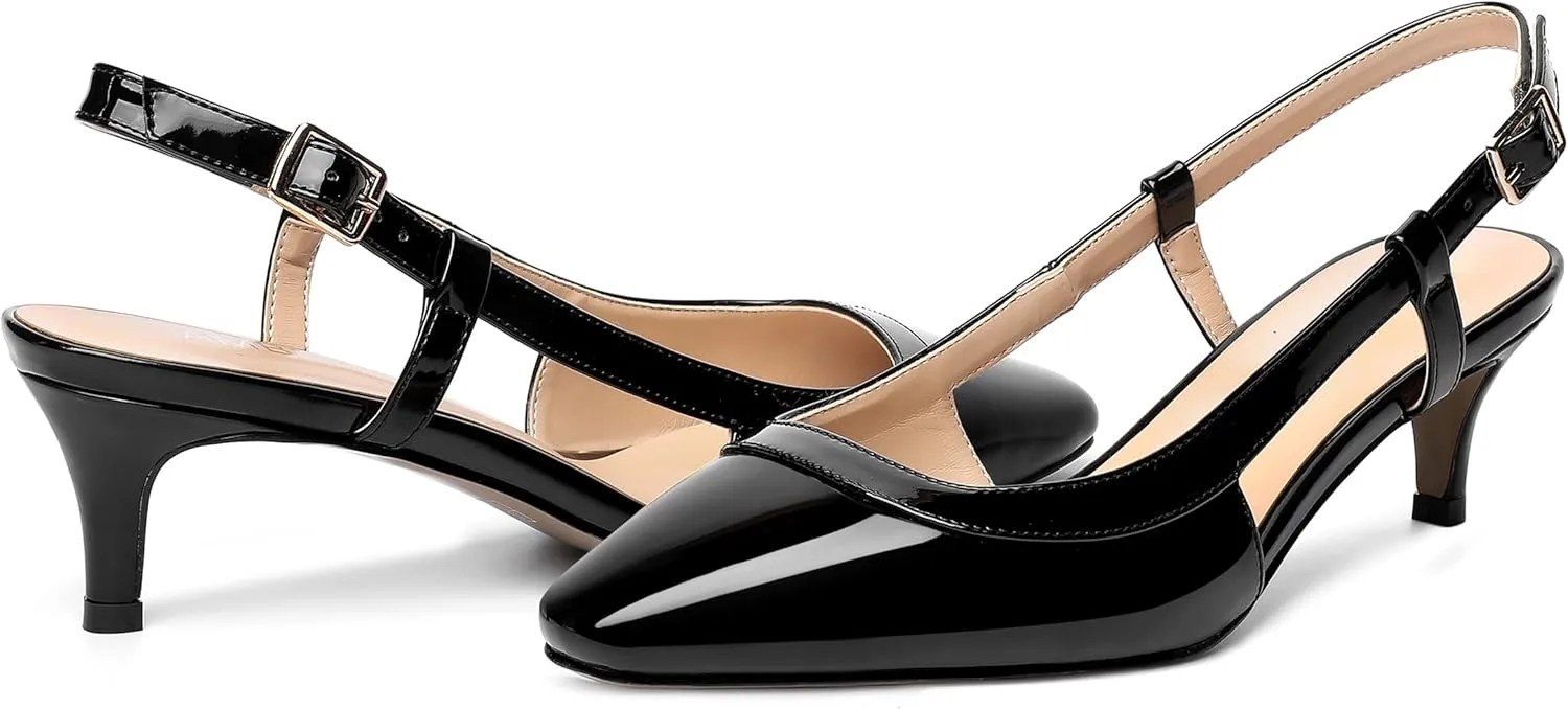 AMBELIGHT Womens Square Toe Evening Buckle Patent Sexy Slingback Kitten Low Heel Pumps Shoes 2 Inch