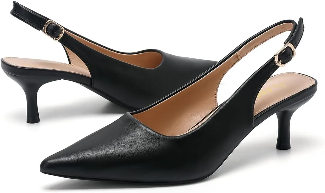 Amoji Women's 2 Inch Pointed Toe Low Kitten Heel Slingback Pump Party Wedding Dress Shoes FZ321