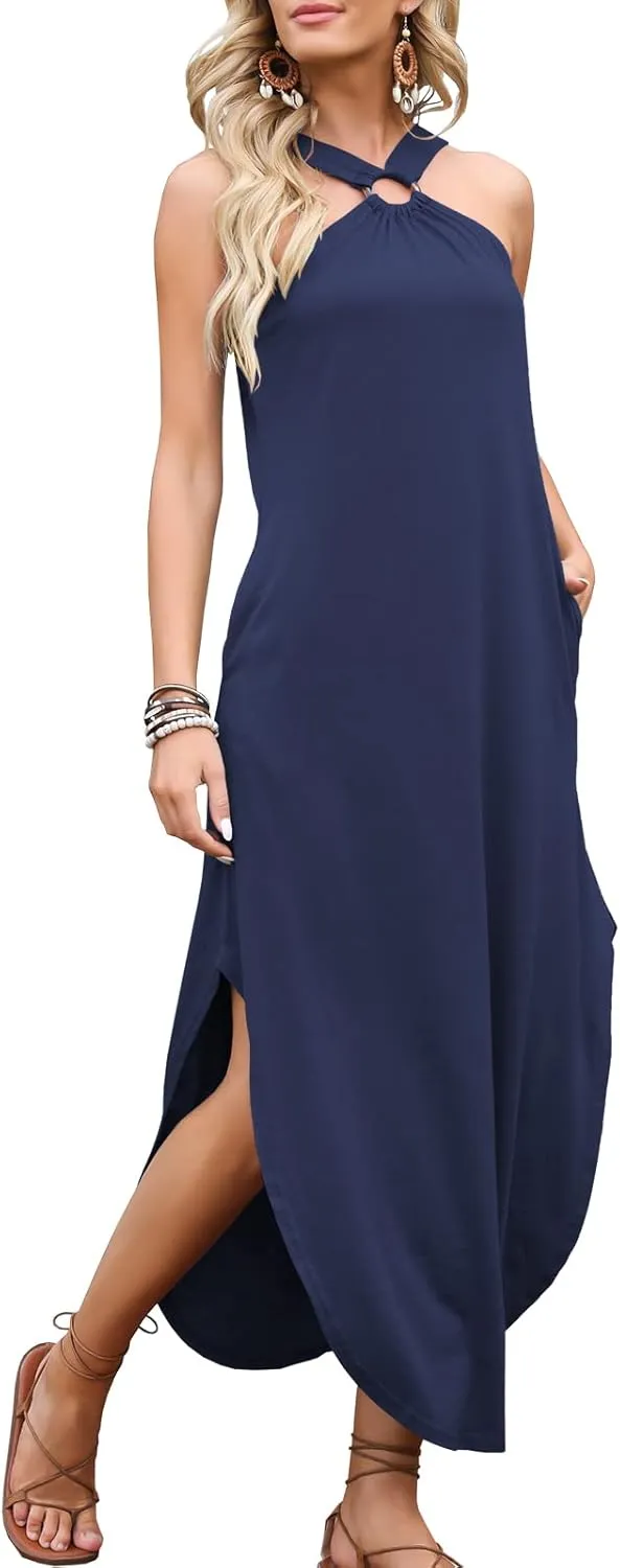 ANRABESS Women Summer Halter Neck Sundress Sleeveless Split Side Casual Beach Travel Vacation Maxi Long Dress with Pockets