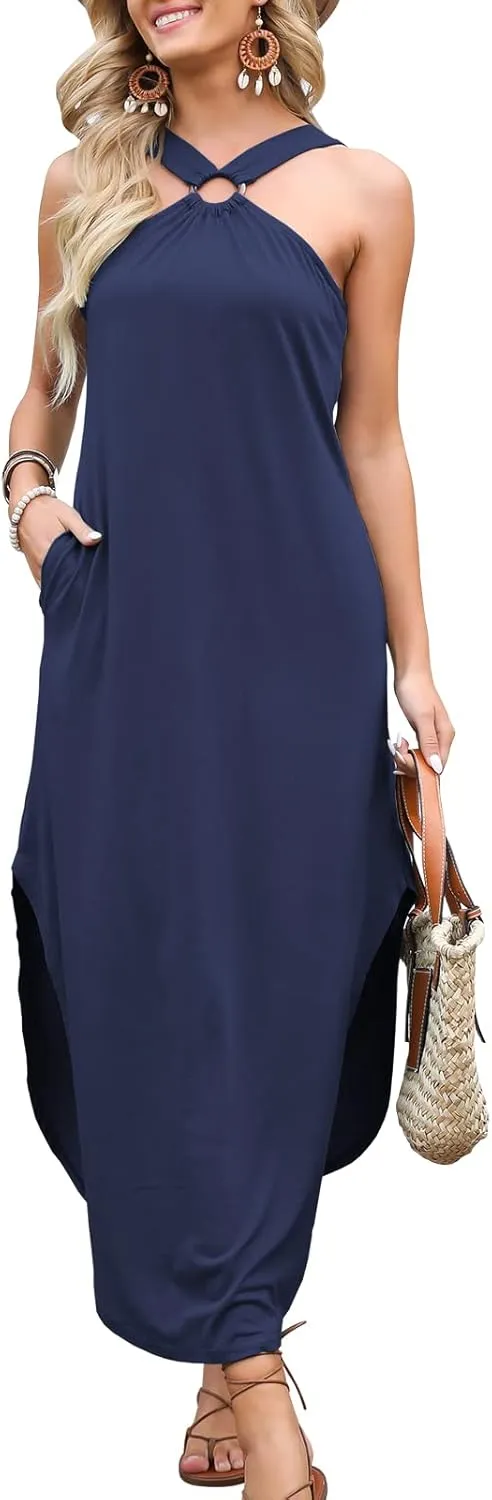 ANRABESS Women Summer Halter Neck Sundress Sleeveless Split Side Casual Beach Travel Vacation Maxi Long Dress with Pockets
