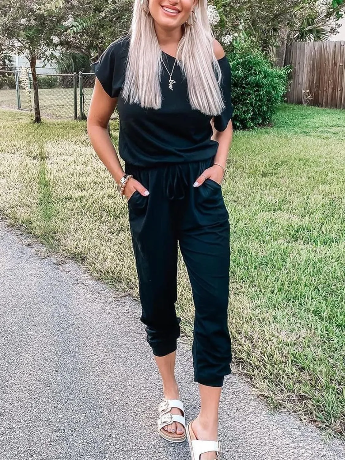ANRABESS Women's Loose Summer Casual Off Shoulder Elastic Waist Stretchy Long Romper Jumpsuit