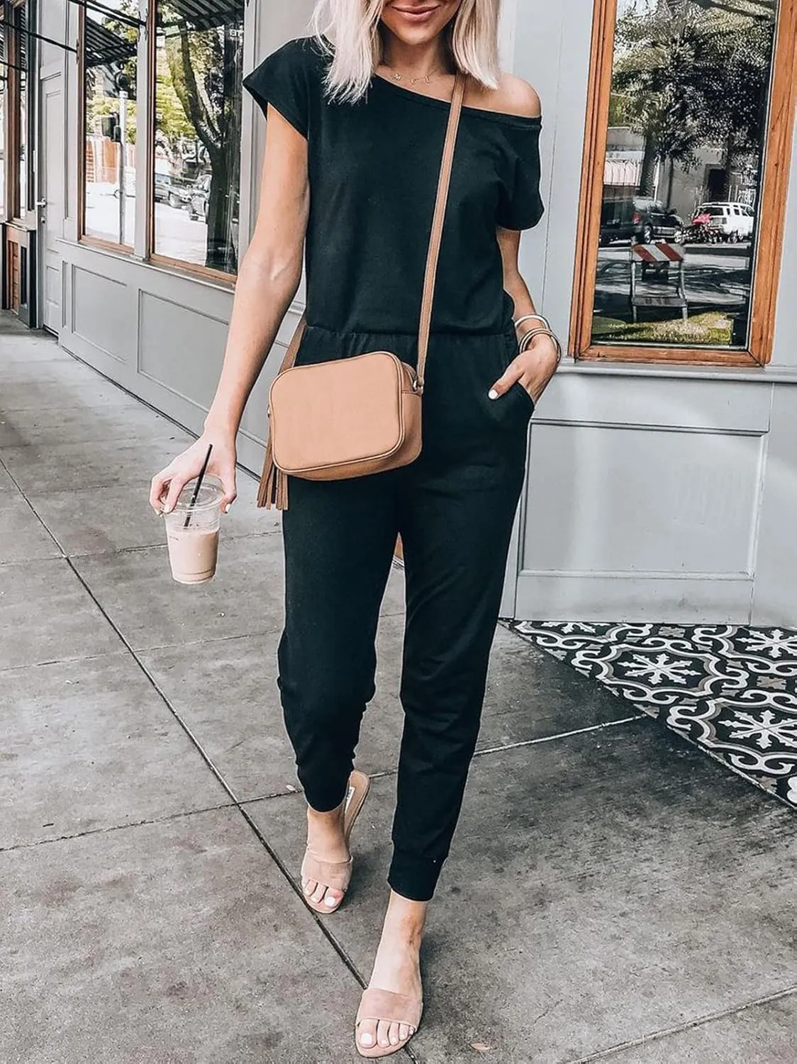 ANRABESS Women's Loose Summer Casual Off Shoulder Elastic Waist Stretchy Long Romper Jumpsuit