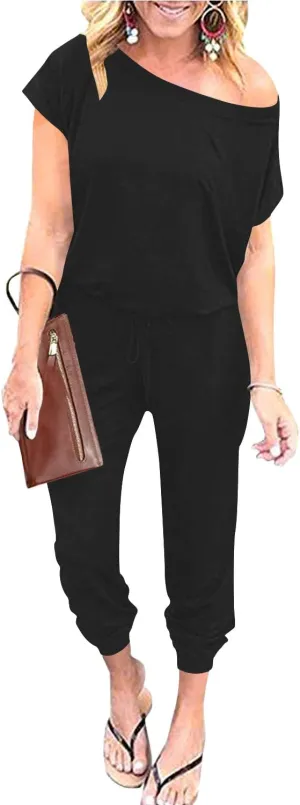 ANRABESS Women's Loose Summer Casual Off Shoulder Elastic Waist Stretchy Long Romper Jumpsuit