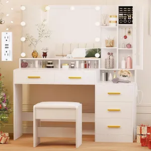 ANWBROAD Large Vanity Desk with Mirror and Lights 45.3" Makeup Vanity with Charging Station Nightstand 3 Lighting Modes Dressing Table with 5 Drawers Jewelry Cabinet Glass Door Bedroom White UBDT68W