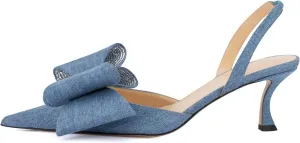 Arqa Women's Kitten Heels Oversize Satin Bow Slingback Pumps Pointed Toe Dress Low Heels