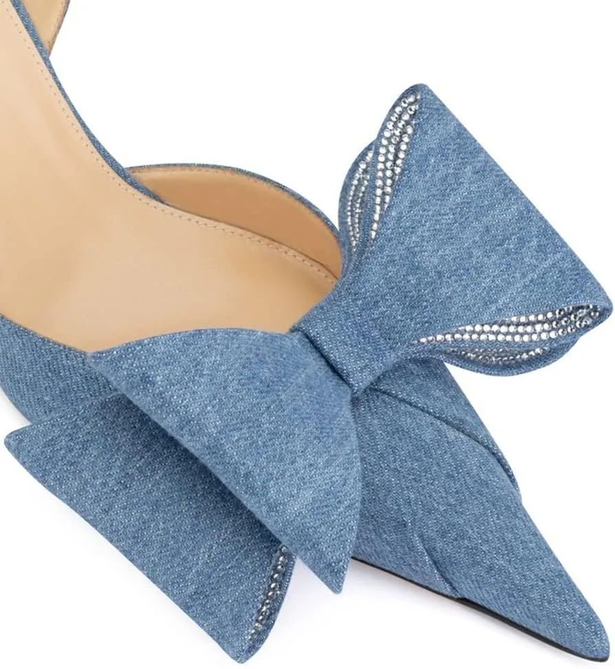 Arqa Women's Kitten Heels Oversize Satin Bow Slingback Pumps Pointed Toe Dress Low Heels