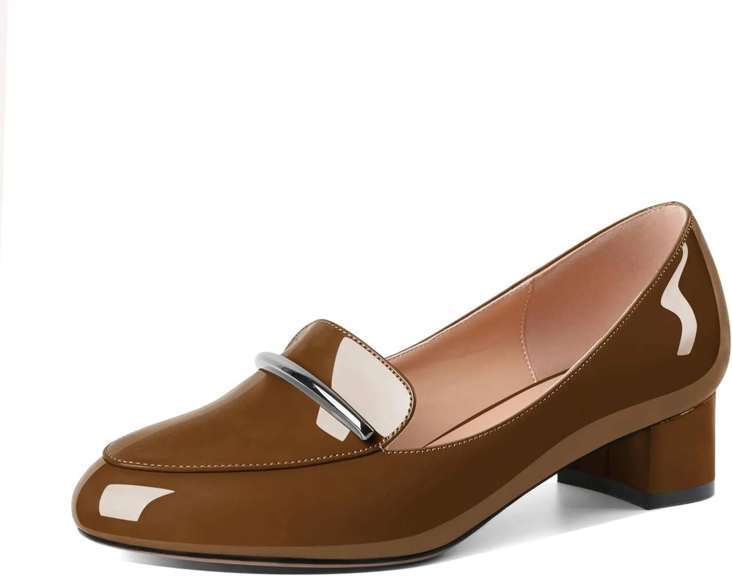 AUMOTED Women Low Block Chunky Heel Pumps Round Toe Slip On 1.5" Closed Toe Loafer Heels Chunky Office Dress Shoes
