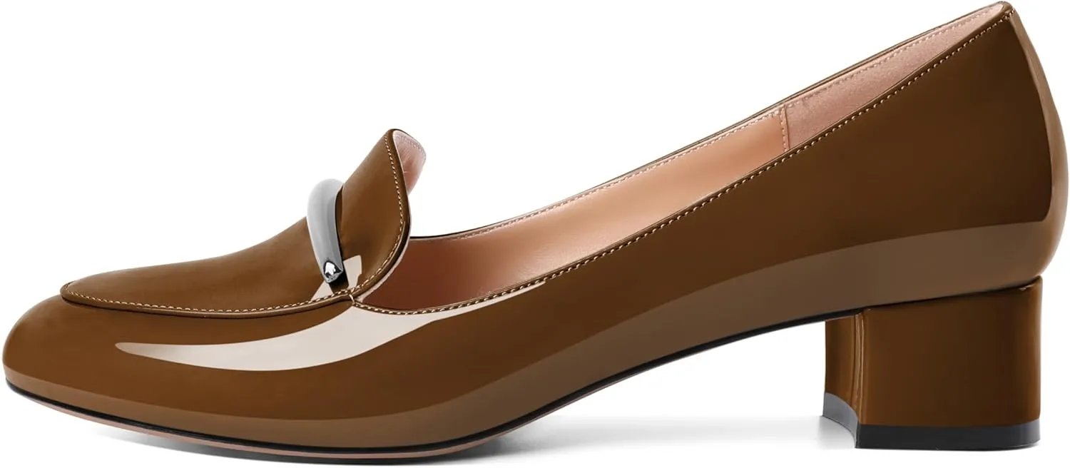 AUMOTED Women Low Block Chunky Heel Pumps Round Toe Slip On 1.5" Closed Toe Loafer Heels Chunky Office Dress Shoes