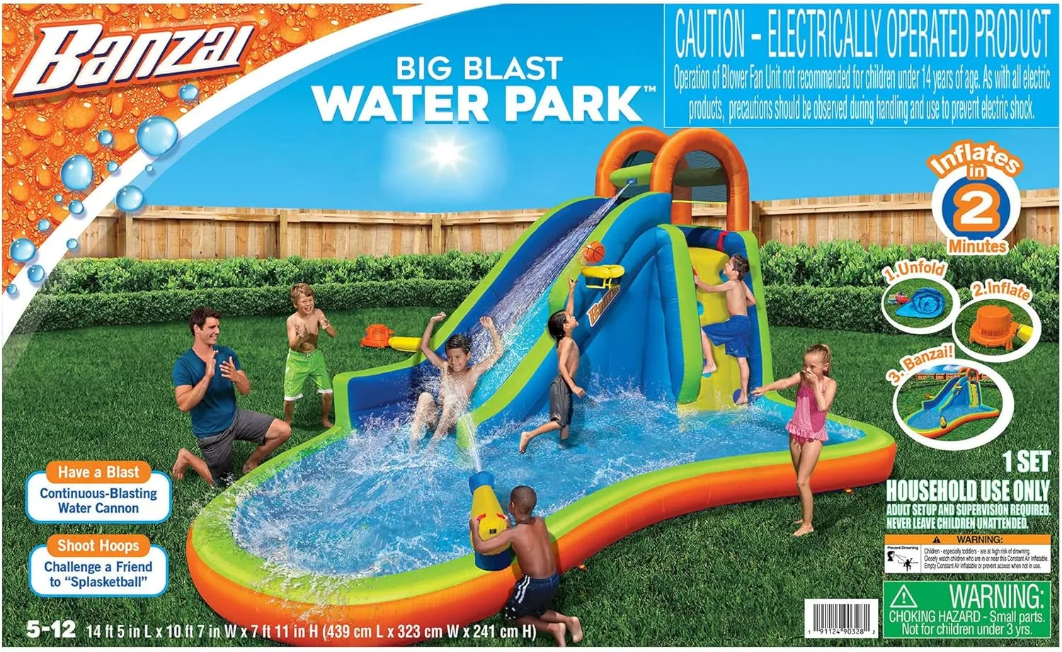 BANZAI Big Blast Water Park, Length: 14 ft 5 in, Width: 10 ft 7 in, Height: 7 ft 11 in, Inflatable Outdoor Backyard Water Slide Splash Bounce Climbing Toy