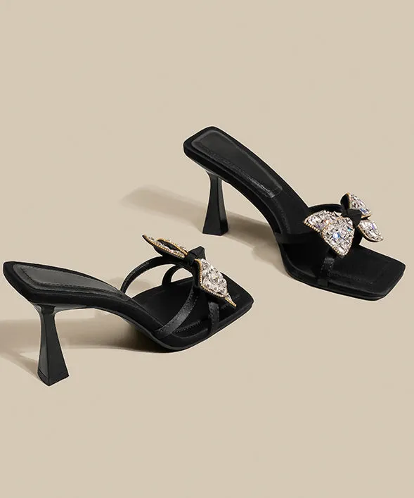 Black Bow Zircon Splicing High Heel Slide Sandals