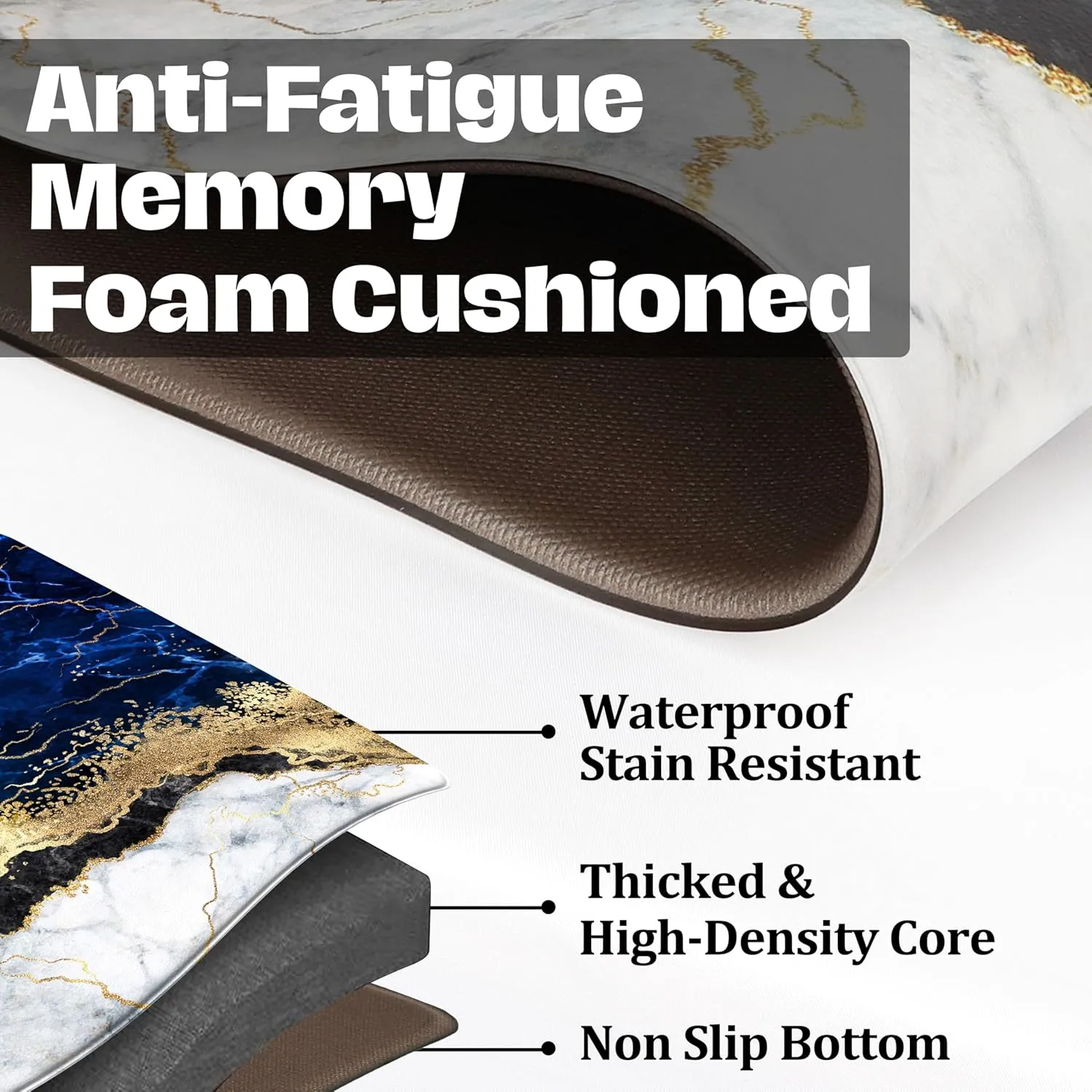 Blue Kitchen Mats and Rugs 2 Pieces Marble Anti Fatigue Cushioned Kicthen Floor Mat Gold Kitchen Accessories Non-Slip Standing Mats for Home Office Laundry (Blue Gold, 17x29.5 17x47.2)