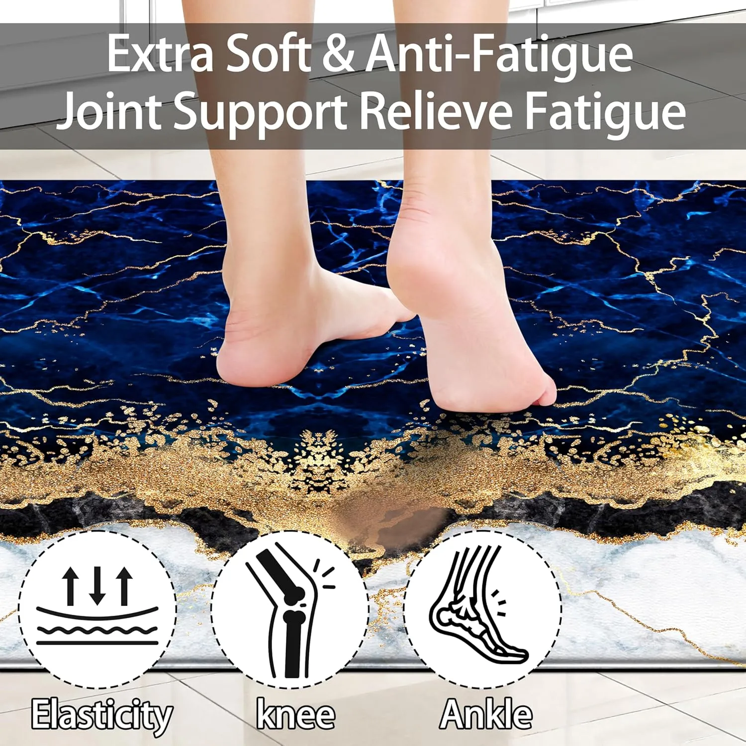 Blue Kitchen Mats and Rugs 2 Pieces Marble Anti Fatigue Cushioned Kicthen Floor Mat Gold Kitchen Accessories Non-Slip Standing Mats for Home Office Laundry (Blue Gold, 17x29.5 17x47.2)