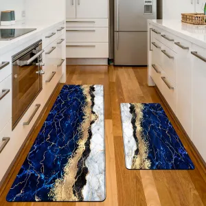Blue Kitchen Mats and Rugs 2 Pieces Marble Anti Fatigue Cushioned Kicthen Floor Mat Gold Kitchen Accessories Non-Slip Standing Mats for Home Office Laundry (Blue Gold, 17x29.5 17x47.2)