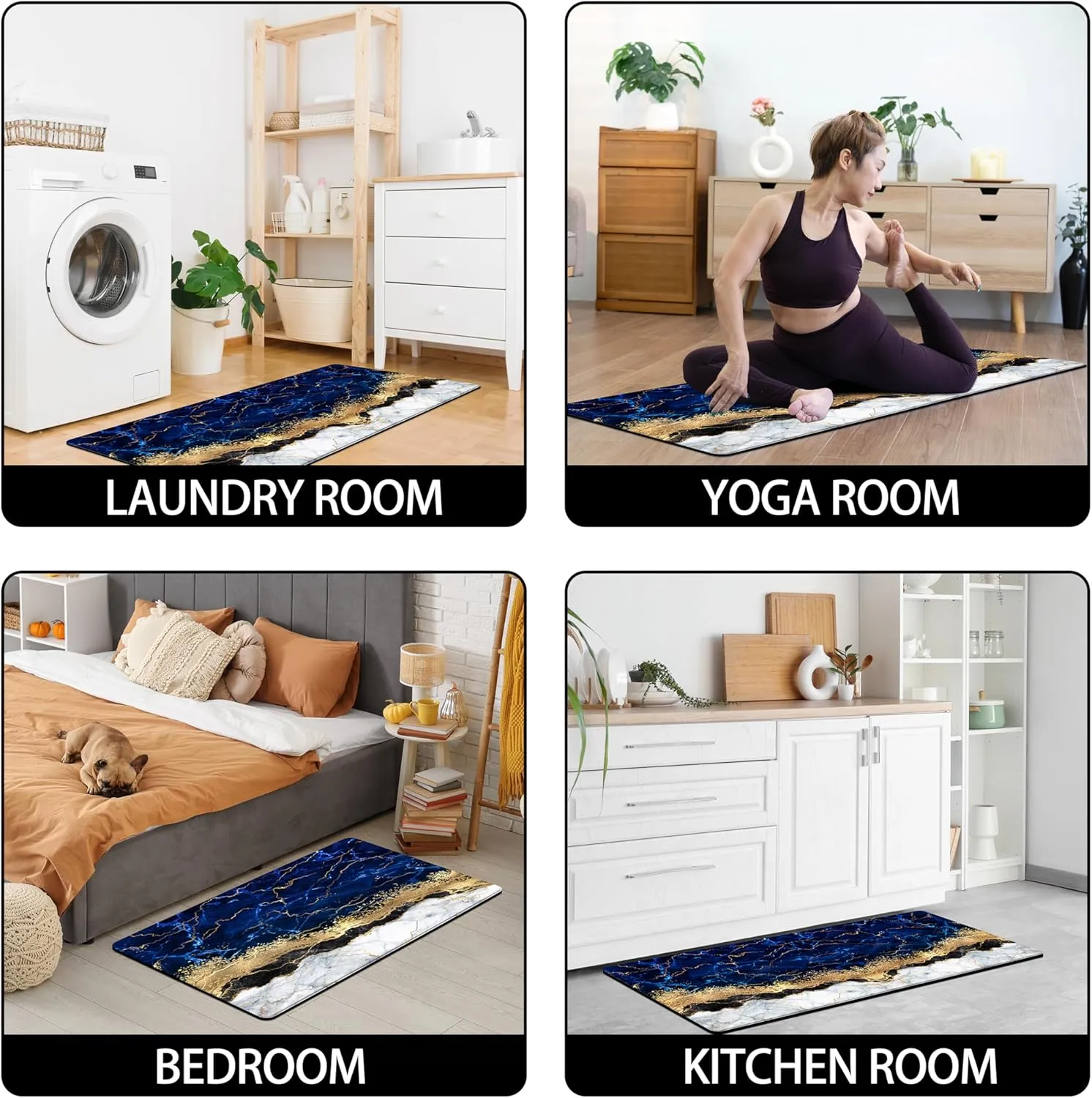 Blue Kitchen Mats and Rugs 2 Pieces Marble Anti Fatigue Cushioned Kicthen Floor Mat Gold Kitchen Accessories Non-Slip Standing Mats for Home Office Laundry (Blue Gold, 17x29.5 17x47.2)