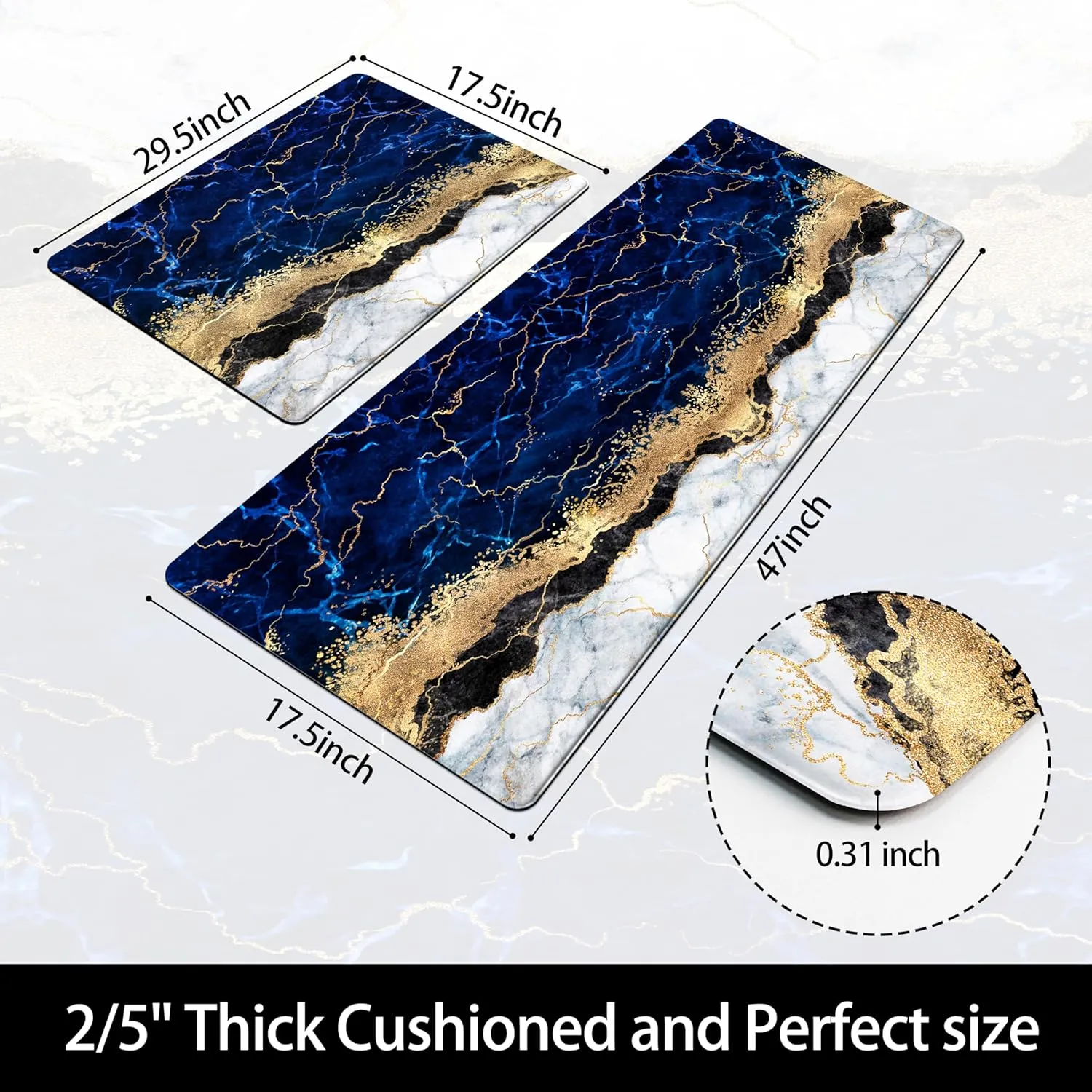 Blue Kitchen Mats and Rugs 2 Pieces Marble Anti Fatigue Cushioned Kicthen Floor Mat Gold Kitchen Accessories Non-Slip Standing Mats for Home Office Laundry (Blue Gold, 17x29.5 17x47.2)