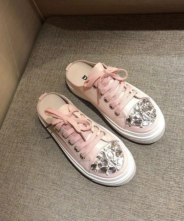 Boutique Slide Up Pink Sandals Splicing Platform Lace Zircon