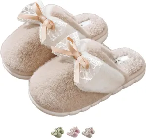 Bow Slippers for Women Indoor Winter Cotton Warm House Slippers Slides Lace Bow Tie Slip On Cozy Bedroom Slippers Shoes Comfy Home Plush Slippers with Bows