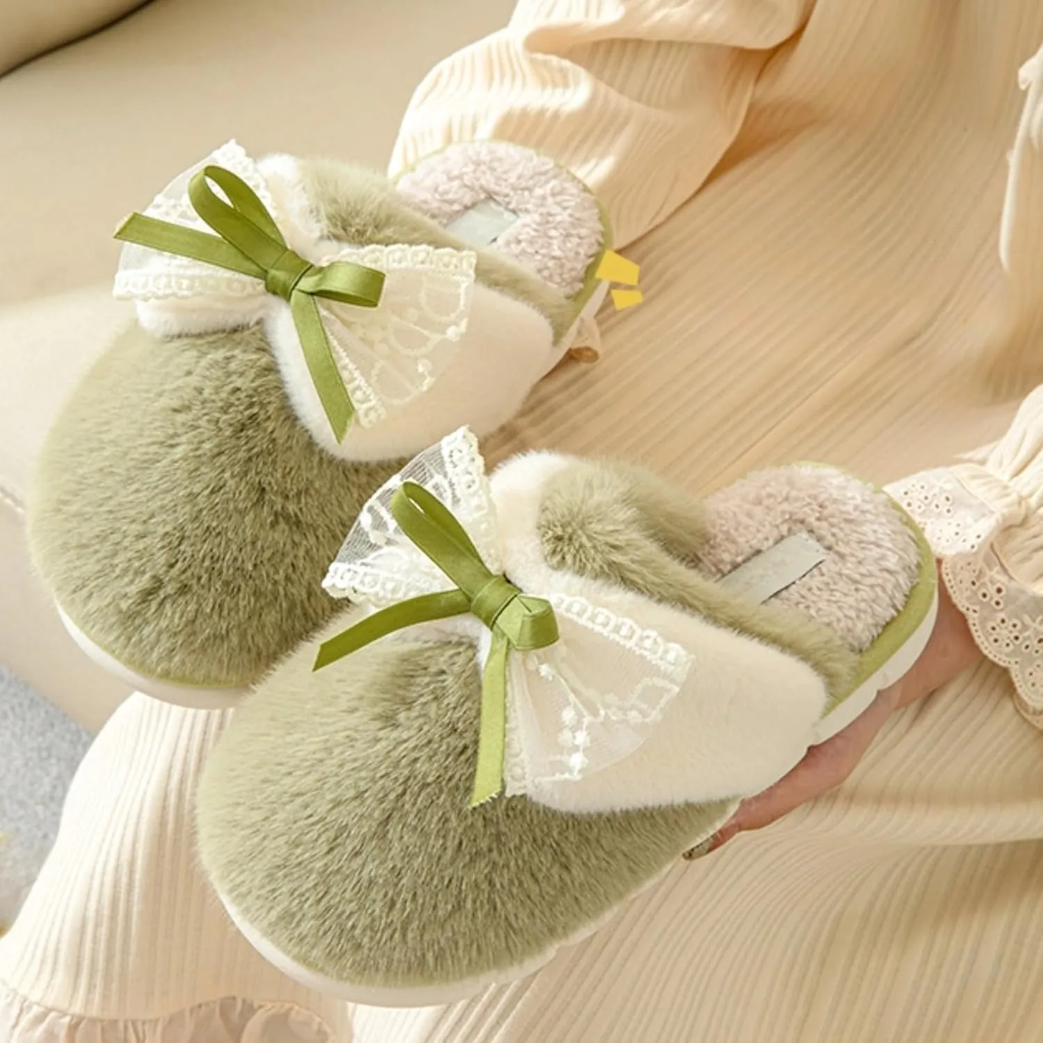 Bow Slippers for Women Indoor Winter Cotton Warm House Slippers Slides Lace Bow Tie Slip On Cozy Bedroom Slippers Shoes Comfy Home Plush Slippers with Bows
