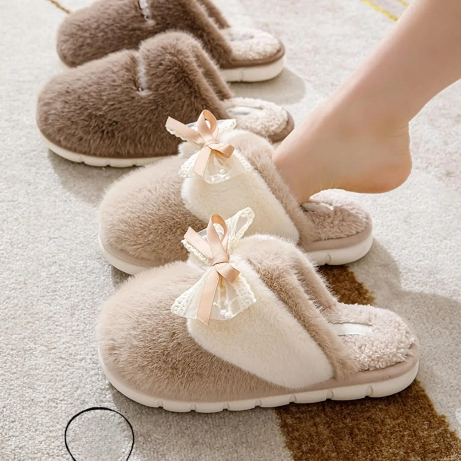Bow Slippers for Women Indoor Winter Cotton Warm House Slippers Slides Lace Bow Tie Slip On Cozy Bedroom Slippers Shoes Comfy Home Plush Slippers with Bows
