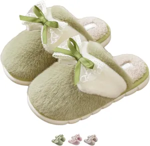Bow Slippers for Women Indoor Winter Cotton Warm House Slippers Slides Lace Bow Tie Slip On Cozy Bedroom Slippers Shoes Comfy Home Plush Slippers with Bows