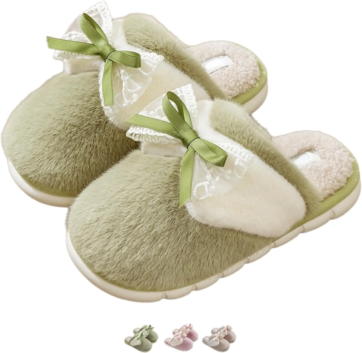 Bow Slippers for Women Indoor Winter Cotton Warm House Slippers Slides Lace Bow Tie Slip On Cozy Bedroom Slippers Shoes Comfy Home Plush Slippers with Bows
