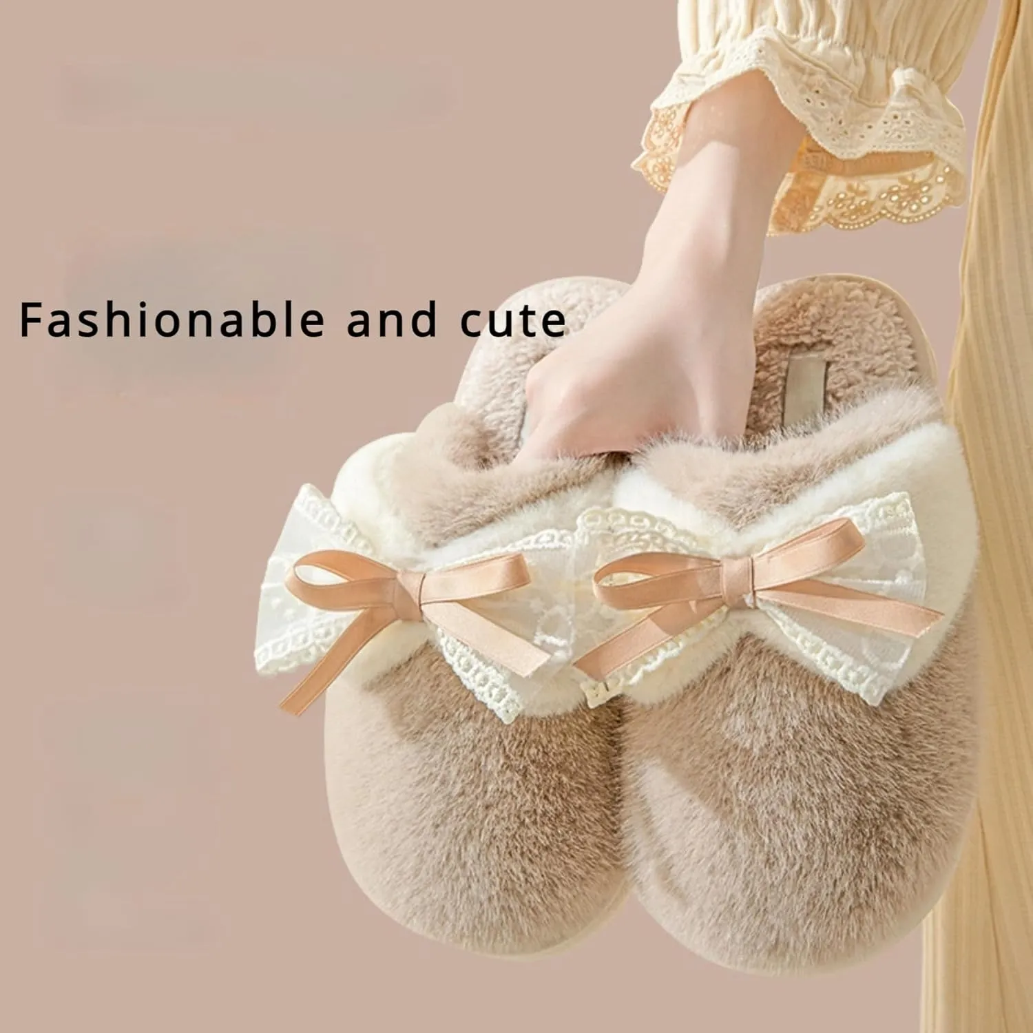 Bow Slippers for Women Indoor Winter Cotton Warm House Slippers Slides Lace Bow Tie Slip On Cozy Bedroom Slippers Shoes Comfy Home Plush Slippers with Bows