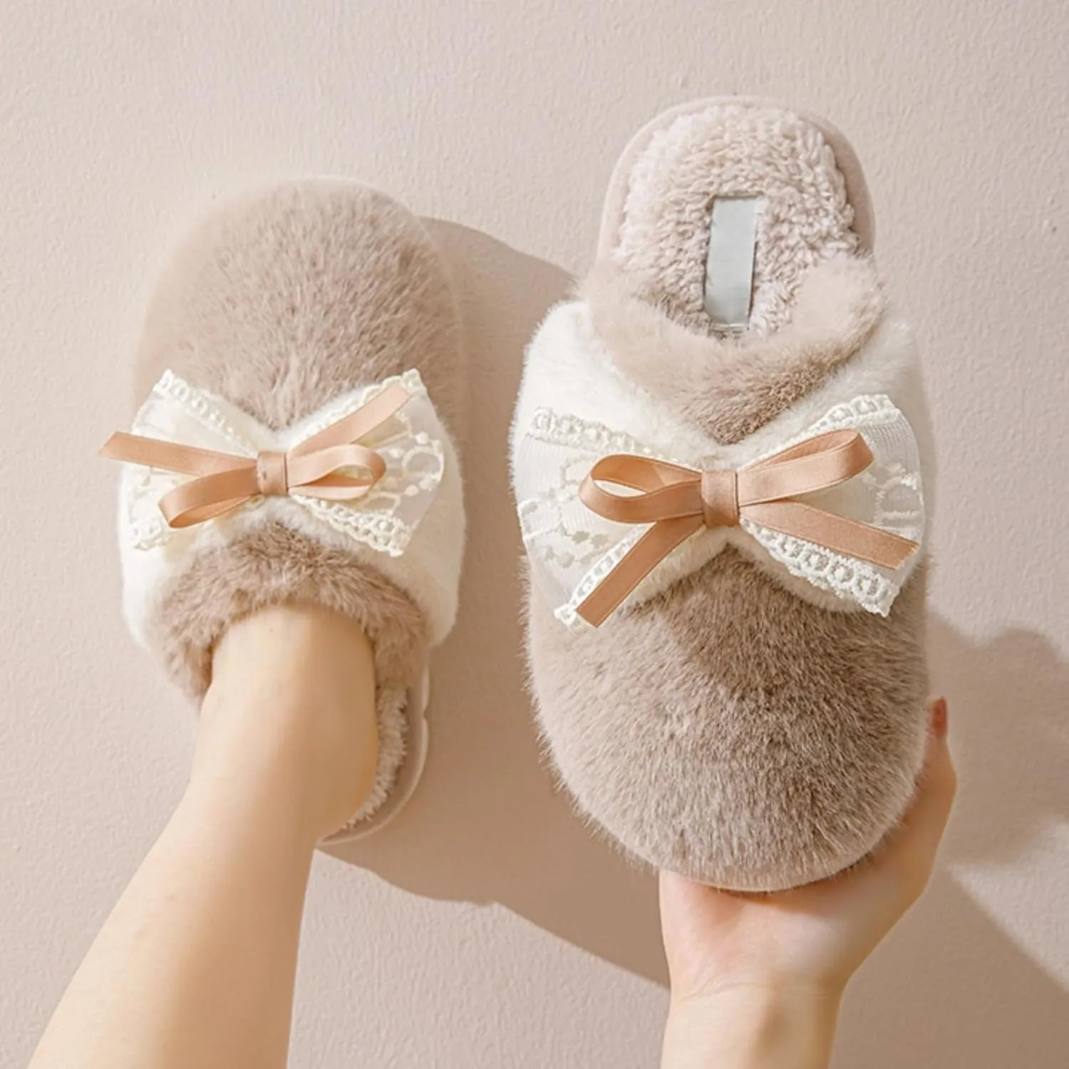 Bow Slippers for Women Indoor Winter Cotton Warm House Slippers Slides Lace Bow Tie Slip On Cozy Bedroom Slippers Shoes Comfy Home Plush Slippers with Bows