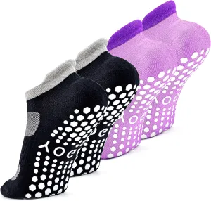 Busy Socks 2 Pack Non Slip Yoga Pilates Fitness Hospital Grip Socks for Women Men, Non Skid Barre Dance Ankle Cushioned Sock