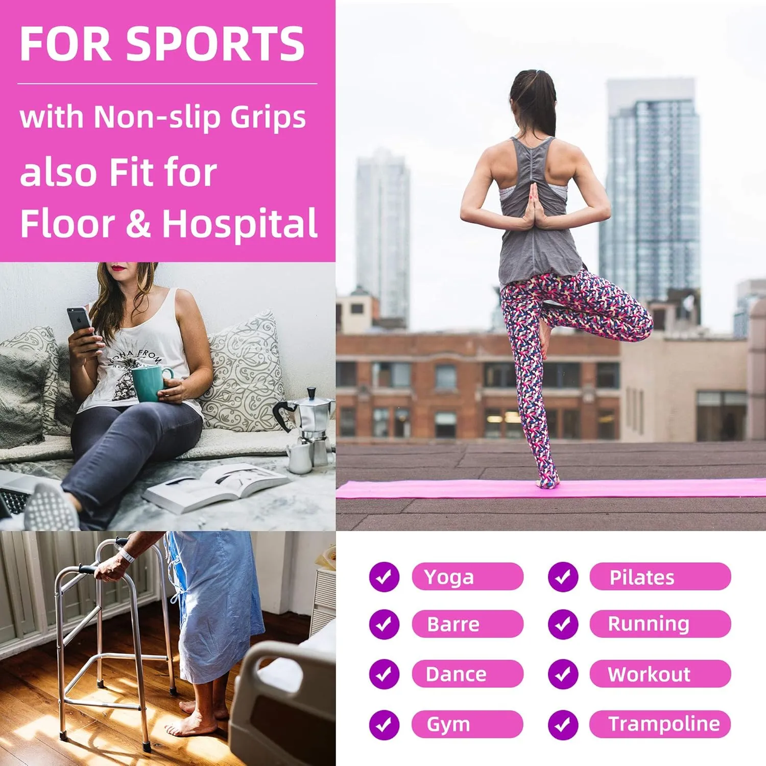 Busy Socks 2 Pack Non Slip Yoga Pilates Fitness Hospital Grip Socks for Women Men, Non Skid Barre Dance Ankle Cushioned Sock