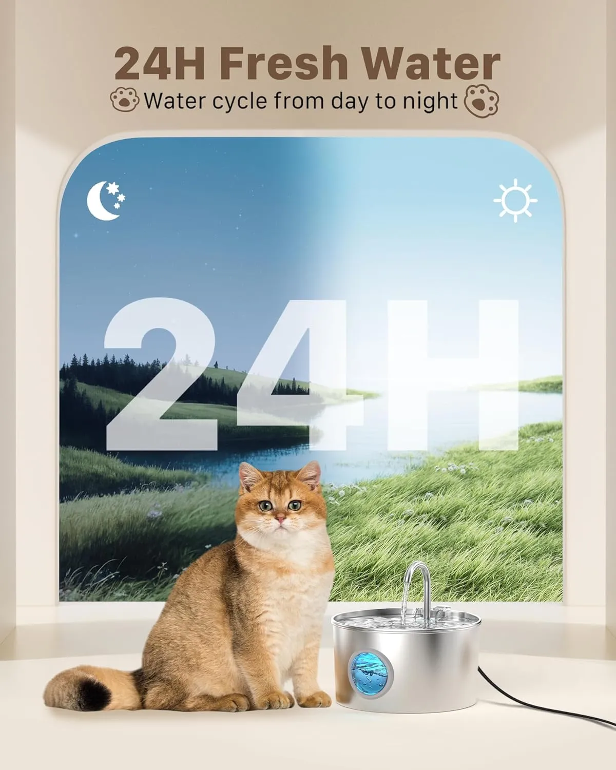 Cat Water Fountain Stainless Steel: Cat Fountain for Drinking - Pet Water Fountain for Cats Inside - 74oz/2.2L Quiet Cats Water Bowl Dispenser - Kitten Drinking Fountains - 6 Filters   3 Sponges