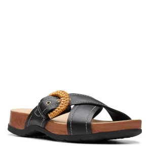 Clarks Women's Reileigh Bay Slide Sandal, Black Leather, 7.5