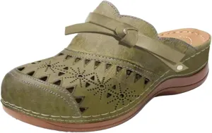 Clogs for Women Comfort Orthopedic Sandals Soft Cork Footbed Leather Mules Shoes Vintage Hollow Out Breathable Platform Wedge Sandals Arch Support Outdoor Beach Slippers Closed Toe Slippers