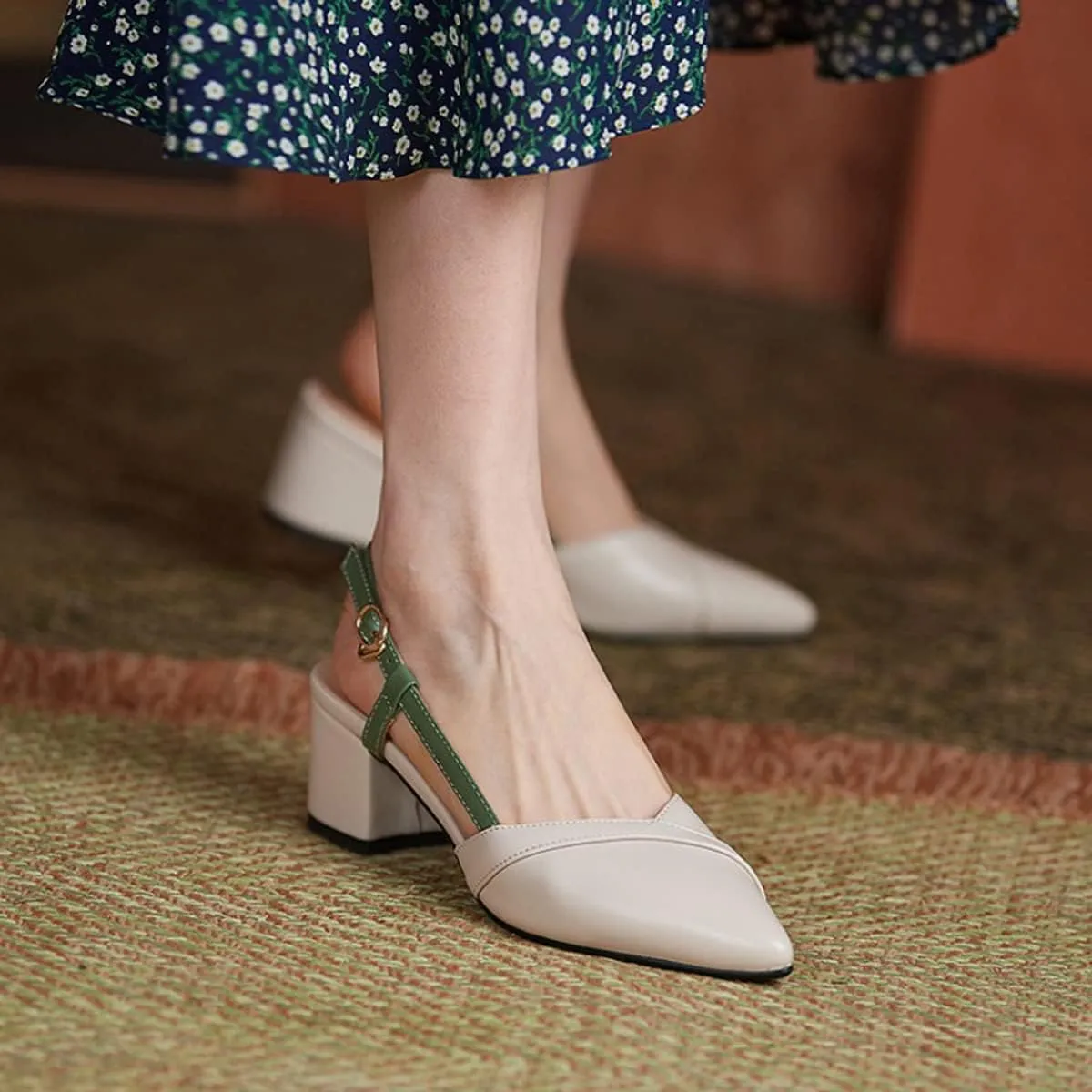 CoceMoce Classic Chunky Block Heel Pumps for Women 2 Inch Pointed Closed Toe Slingback Ankle Strap Dress Shoes with Buckle Prom Work Office Dating Church