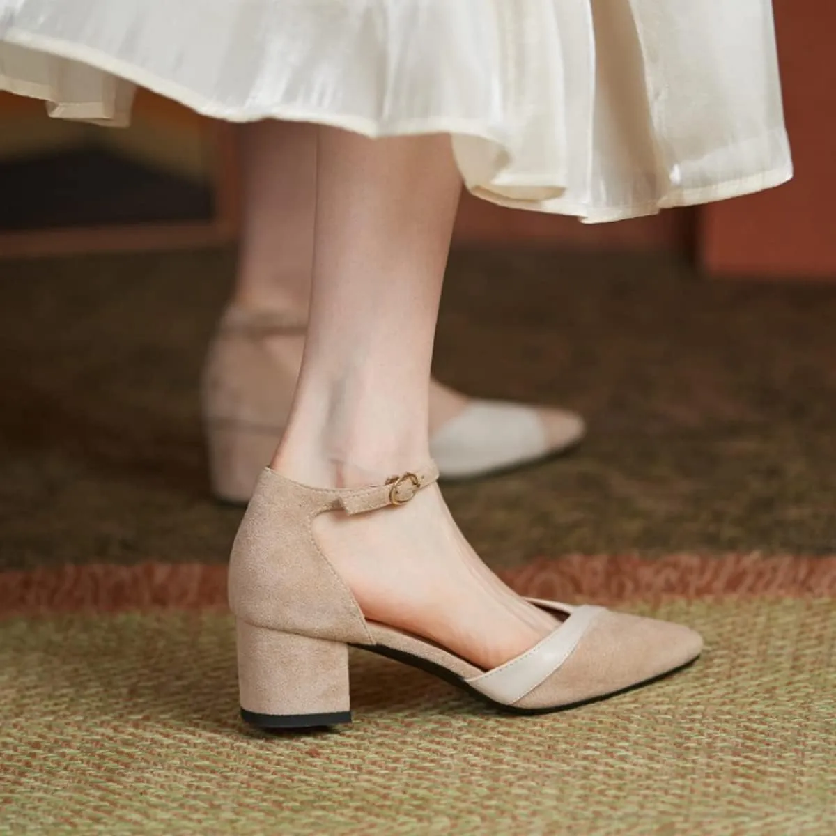 CoceMoce Classic Chunky Block Heel Pumps for Women 2 Inch Pointed Closed Toe Slingback Ankle Strap Dress Shoes with Buckle Prom Work Office Dating Church