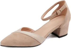 CoceMoce Classic Chunky Block Heel Pumps for Women 2 Inch Pointed Closed Toe Slingback Ankle Strap Dress Shoes with Buckle Prom Work Office Dating Church