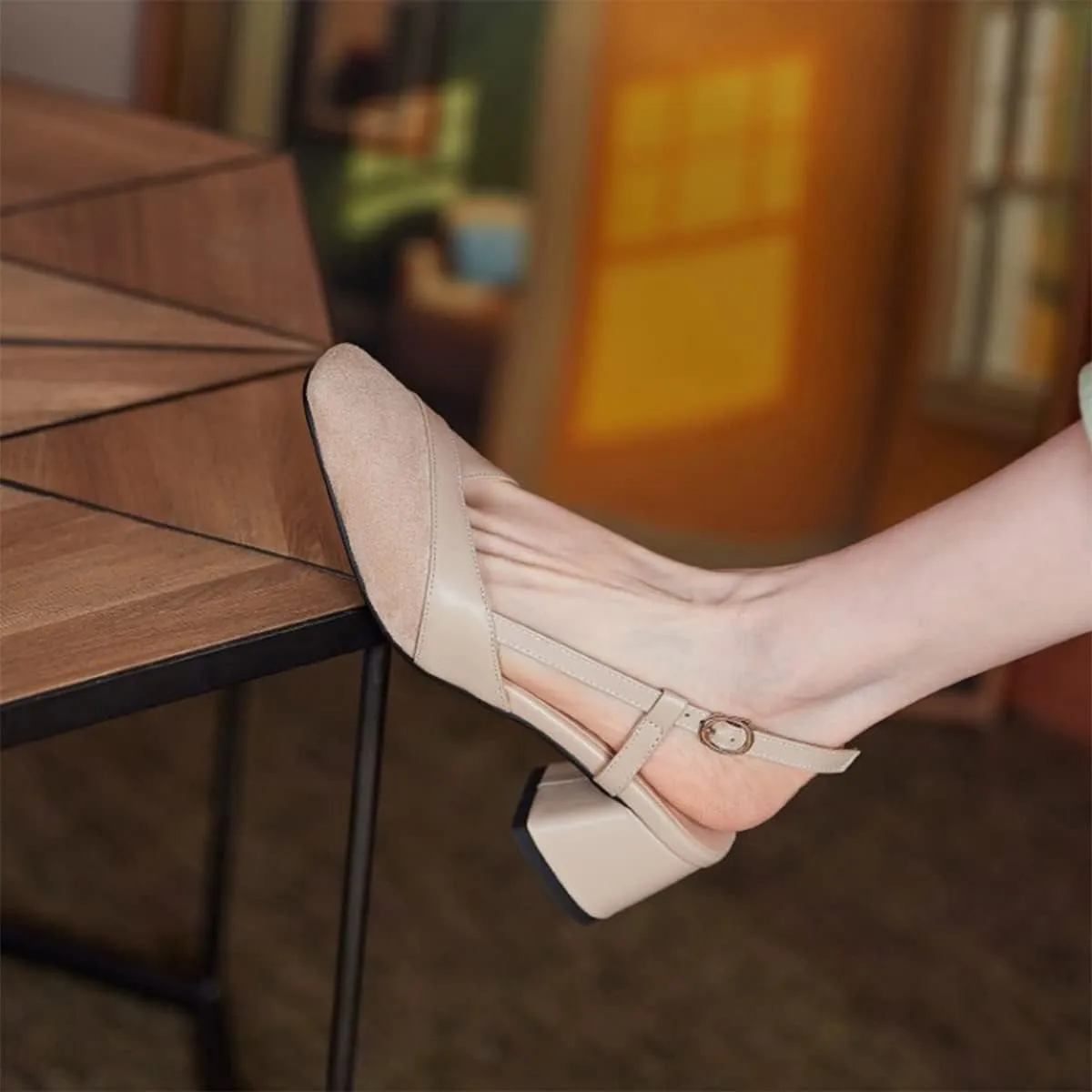 CoceMoce Classic Chunky Block Heel Pumps for Women 2 Inch Pointed Closed Toe Slingback Ankle Strap Dress Shoes with Buckle Prom Work Office Dating Church