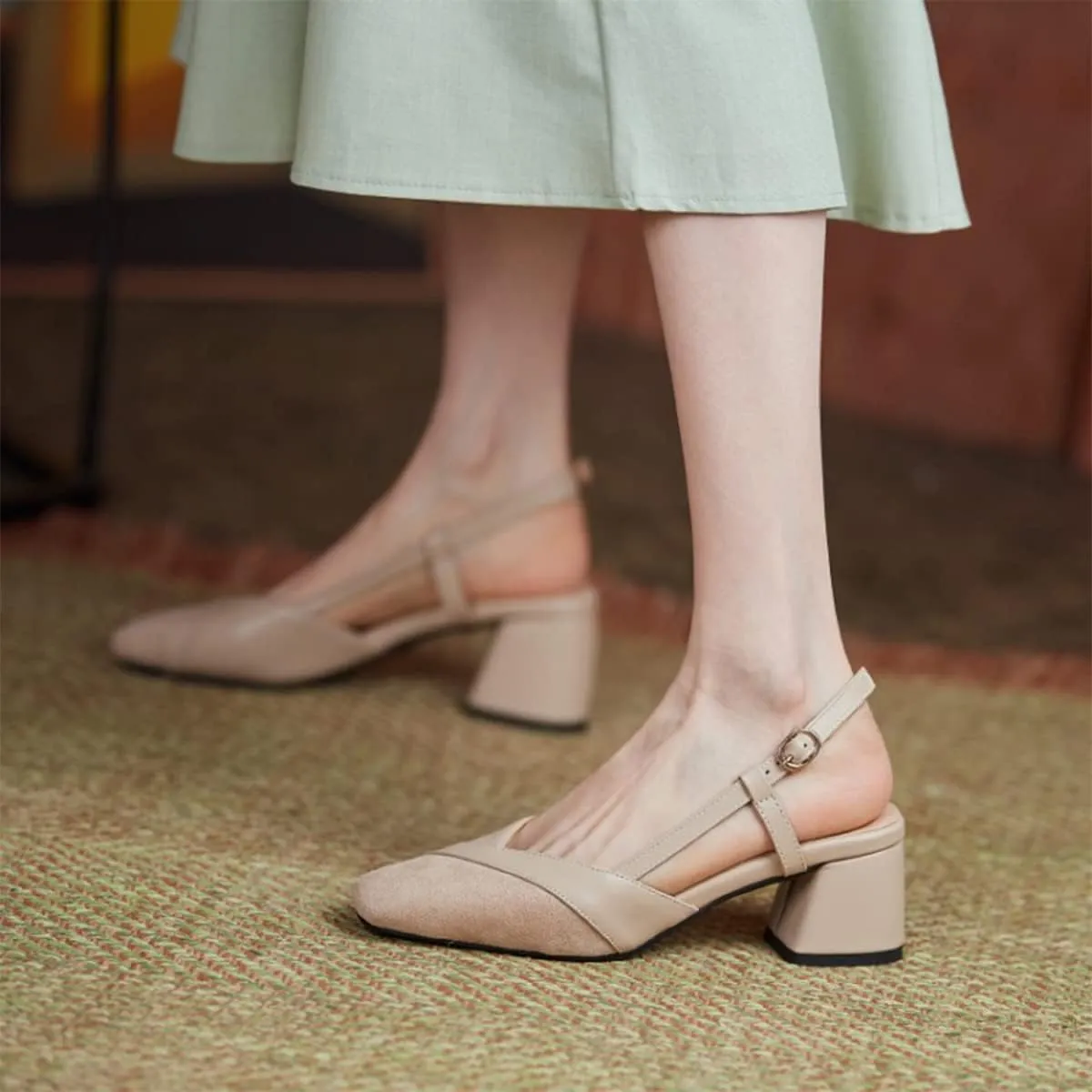 CoceMoce Classic Chunky Block Heel Pumps for Women 2 Inch Pointed Closed Toe Slingback Ankle Strap Dress Shoes with Buckle Prom Work Office Dating Church