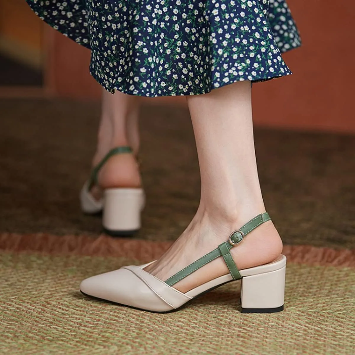 CoceMoce Classic Chunky Block Heel Pumps for Women 2 Inch Pointed Closed Toe Slingback Ankle Strap Dress Shoes with Buckle Prom Work Office Dating Church
