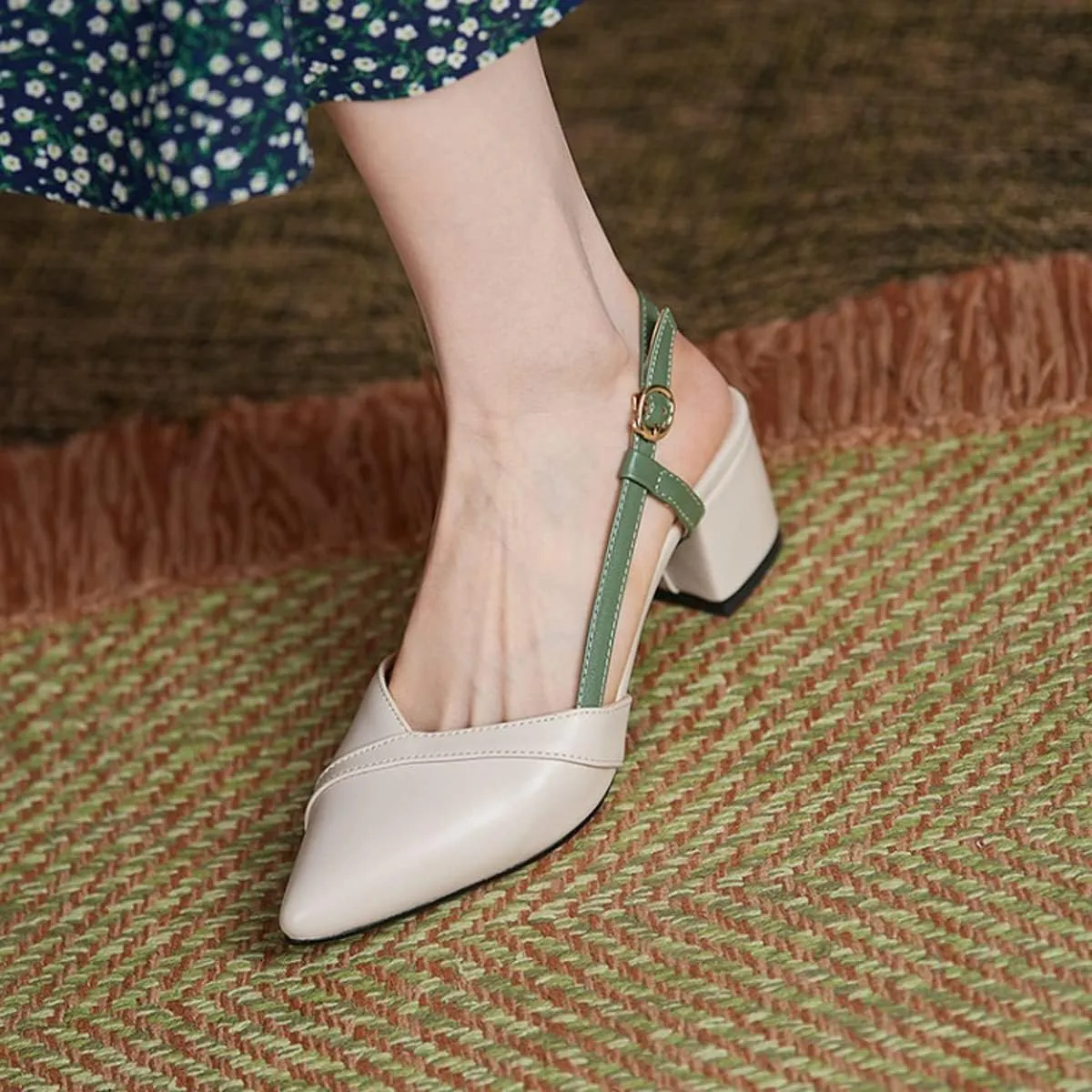 CoceMoce Classic Chunky Block Heel Pumps for Women 2 Inch Pointed Closed Toe Slingback Ankle Strap Dress Shoes with Buckle Prom Work Office Dating Church