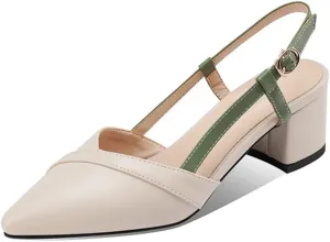CoceMoce Classic Chunky Block Heel Pumps for Women 2 Inch Pointed Closed Toe Slingback Ankle Strap Dress Shoes with Buckle Prom Work Office Dating Church